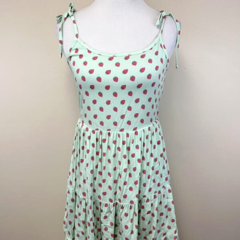 Hot Topic M Strawberry Tiered Mini Dress Mint Green Tie Straps Sundress